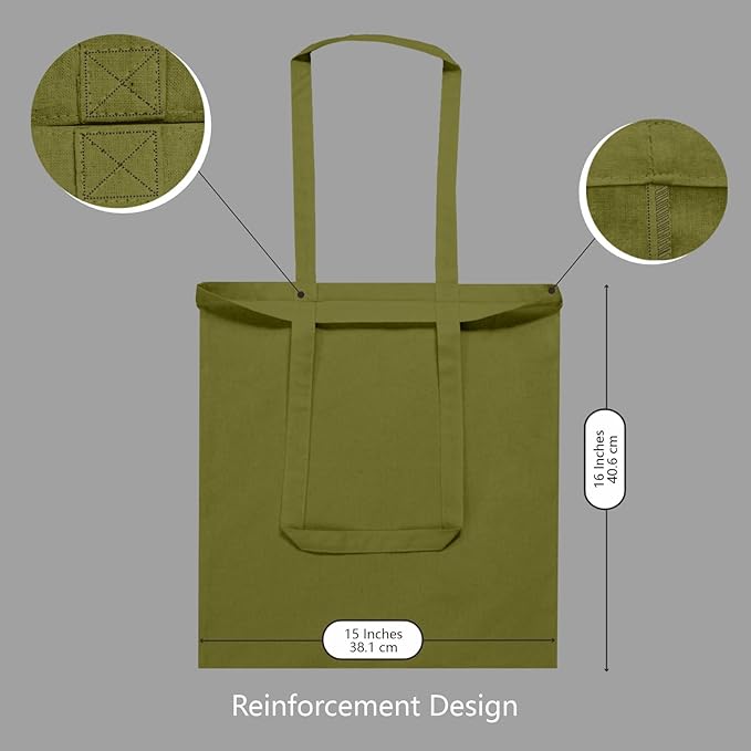 TOPDesign 12-Pack Economical 16"x15" Olive Green Cotton Tote Bags, Lightweight Medium Reusable Grocery Shopping Cloth Bags, Suitable for DIY, Advertising, Promotion, Gift, Activity