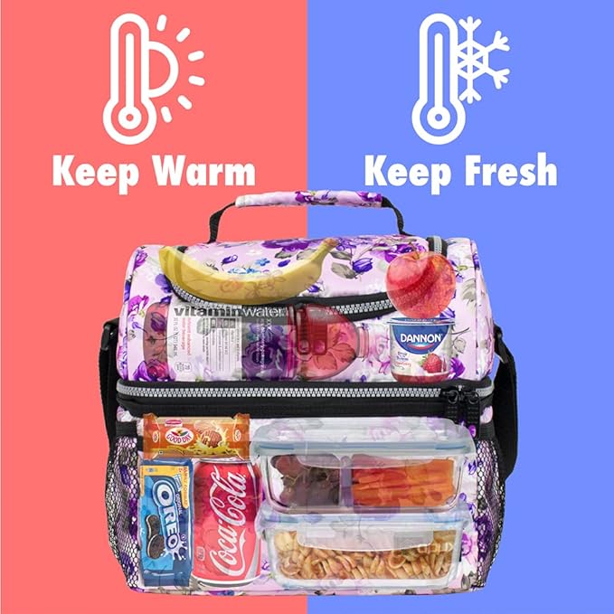 Opux Lunch Box For Women - Large Dual Compartment Insulated Lunch Bag, 10x7.5x10 Inches, Floral Purple