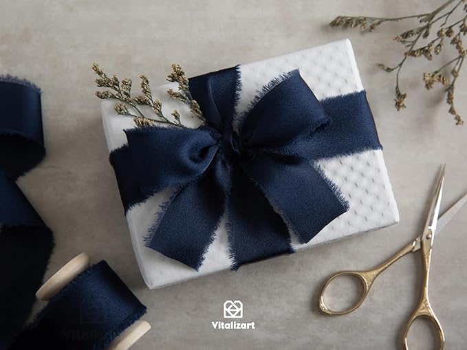 Vitalizart Silk Satin Ribbon 1 Inch x 15 Yard Wooden Spool Navy Blue Handmade Frayed Ribbon for Gift Wrapping Baby Shower Wedding Bridal Bouquets Holiday Decor 3 Rolls x 5 Yard