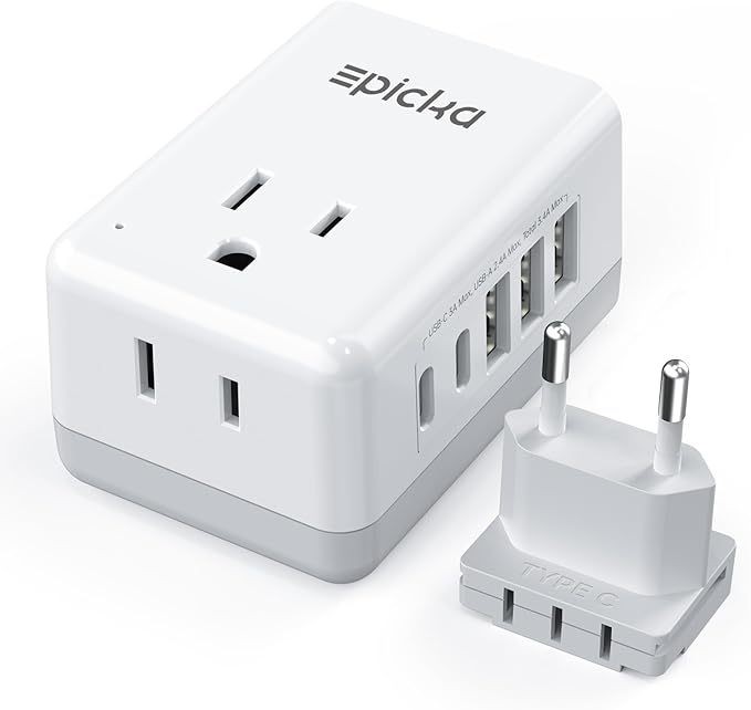 European Travel Plug Adapter, US to Europe Plug Adapter with 2 US Outlets, 3 USB-A & 2 USB-C Ports, Detachable Type C Outlet Adapter Charger for Most of Europe Italy Spain Iceland Portugal (X232C)
