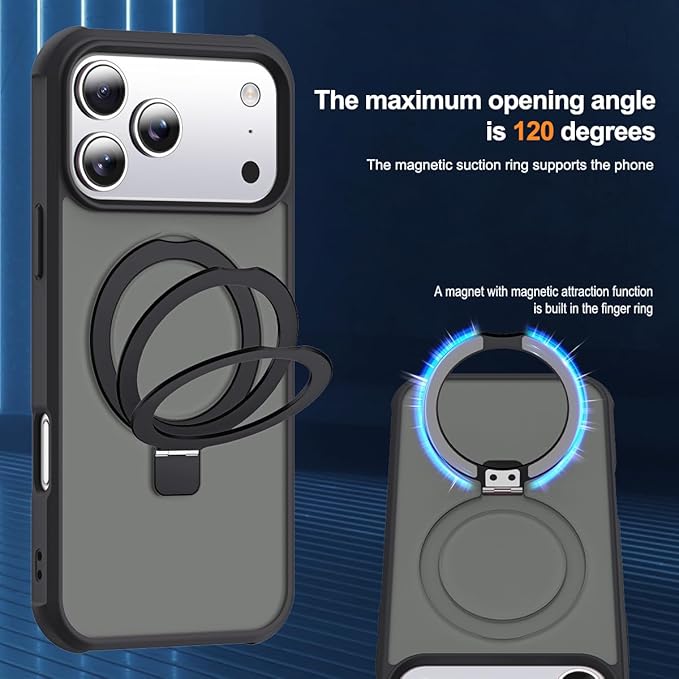 Compatible with iPhone 17 Pro Max Case with Invisible Magnetic O-Ring Stand Military-Grade Translucent Case for iPhone 17 ProMax 6.9" [Compatible with Mag-Safe][Great Grip Feeling], Black