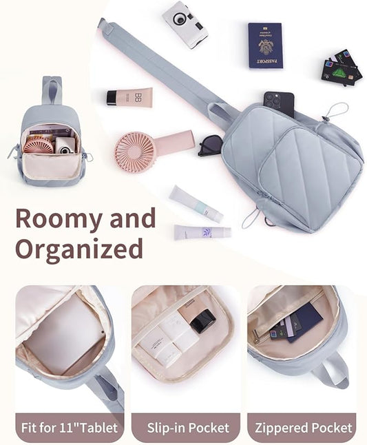 Wandering Nature Sling Bag for Women Lightweight Quilted Crossbody Bag Fits for 11" Tablet with Breathable Back Panel Anti Theft Pocket Padded Strap USB Charge Port, Ideal for Travel, Daily Use