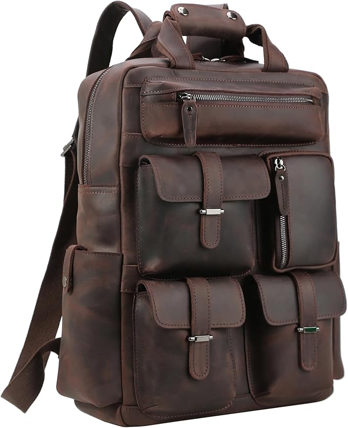 Polare Cowhide Leather Multiple Laptop Backpack Day pack Travel Bag Satchel with YKK Metal Zippers