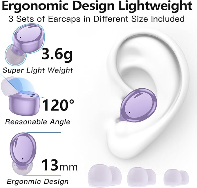 kurdene Wireless Earbuds Bluetooth 5.3 in Ear Buds Light Weight Headphones,Deep Bass Sound,Built in Mics Headset,Clear Calls Earphones for Sports Workout Light Purple