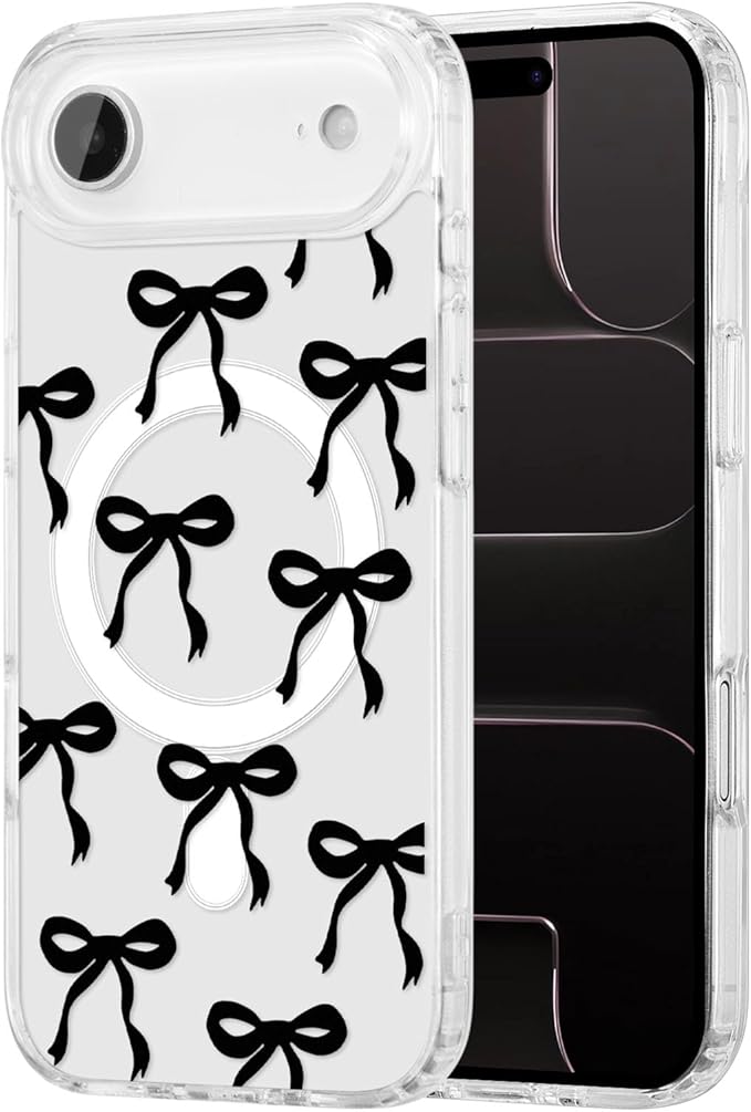UEEBAI Magnetic for iPhone Air Case, Bow Case Compatible with MagSafe, Wireless Slim Clear Ribbon Aesthetic Phone Cover Anti-Yellowing Shockproof Protective Cover for Women Girl - Black
