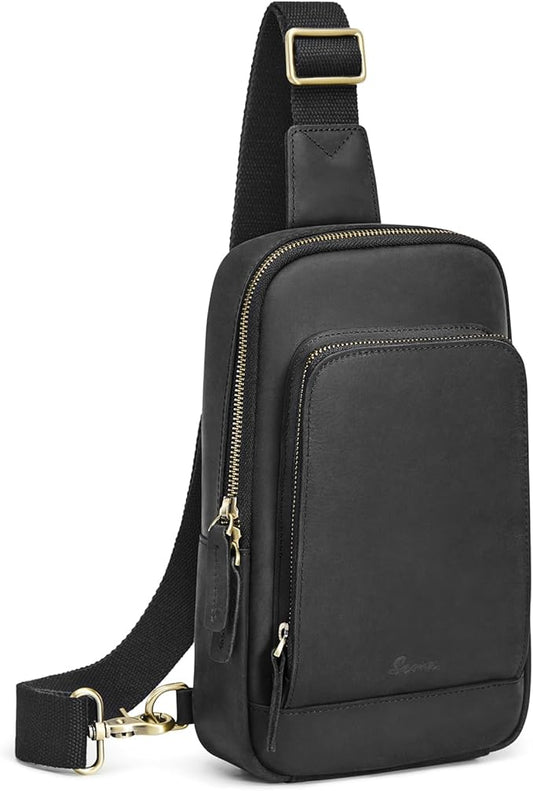 S-ZONE Sling Bag for Men Women RFID Blocking Top Grain Leather Crossbody Shoulder Bag Chest Hiking Daypack Travel