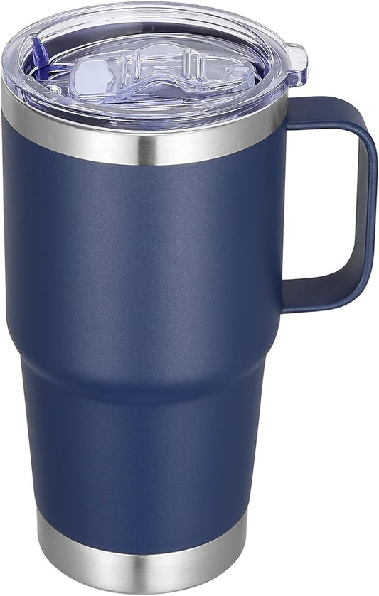 20 oz Stainless Steel Tumbler with Handle Metal Insulated Coffee Travel Mug with Handle Double Wall Tumbler Cup with Lid and Straw, Navy 1 Pack