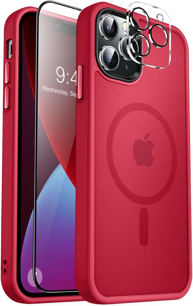 MOCCA Strong Magnetic for iPhone 13 Pro Max Case,[Compatible with Magsafe][Glass Screen Protector+Camera Lens Protector] Slim Thin Shockproof Cover Phone Case for iPhone 13 Pro Max 6.7", Red