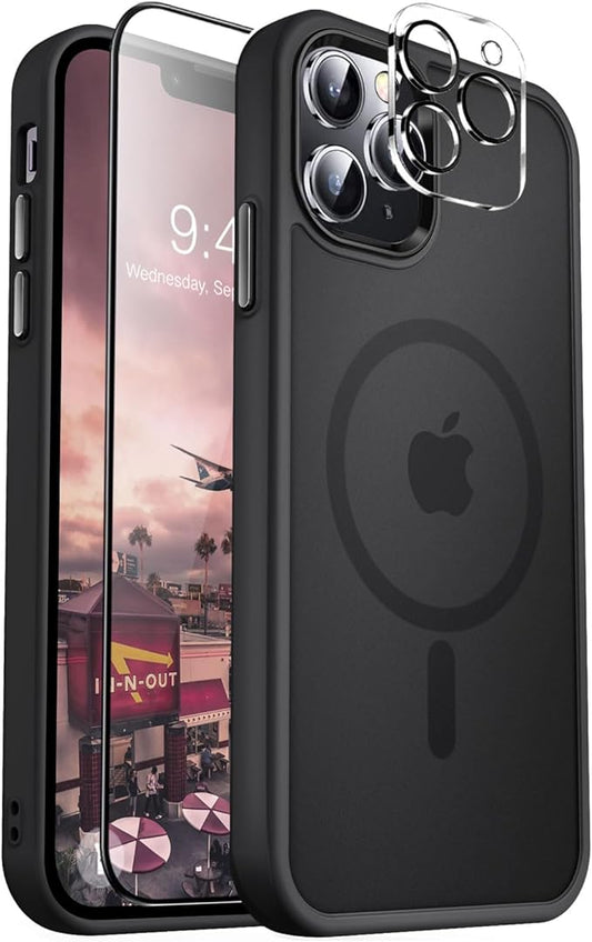 MOCCA Strong Magnetic for iPhone 12 Pro Max Case,[Compatible with Magsafe][Glass Screen Protector+Camera Lens Protector] Slim Thin Shockproof Cover Phone Case for iPhone 12 Pro Max 6.7",Titanium Black