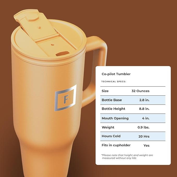 IRON °FLASK Co-Pilot Insulated Mug w/Straw & Flip Cap Lids - Cup Holder Bottle for Hot, Cold Drink - Leak-Proof- Water, Coffee Portable Travel Tumbler - Clementine, 40 Oz