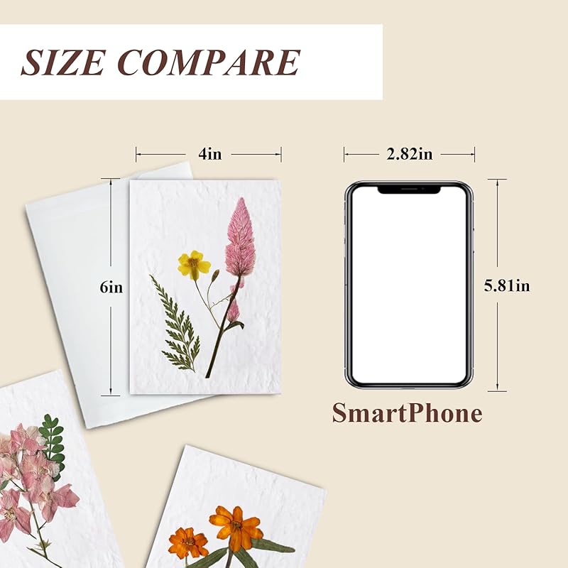 Handmade Pressed Flower Notecard Set with Real Flowers, 4x6 inches, Dongba Paper, Translucent Envelope, 3-Piece Gift Set, Perfect for Business, Birthday, Wedding, Congratulations, Gift, Thank you