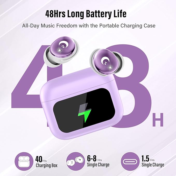 Sleep Earbuds Bluetooth 5.4 in Ear Smart Touch Screen Ear Buds, 48H Playtime Mini Sleep Headphones Small Design for Side Sleepers, Crystal-Clear Calls, 5 EQ Modes, IPX7 Waterproof Earphone Purple