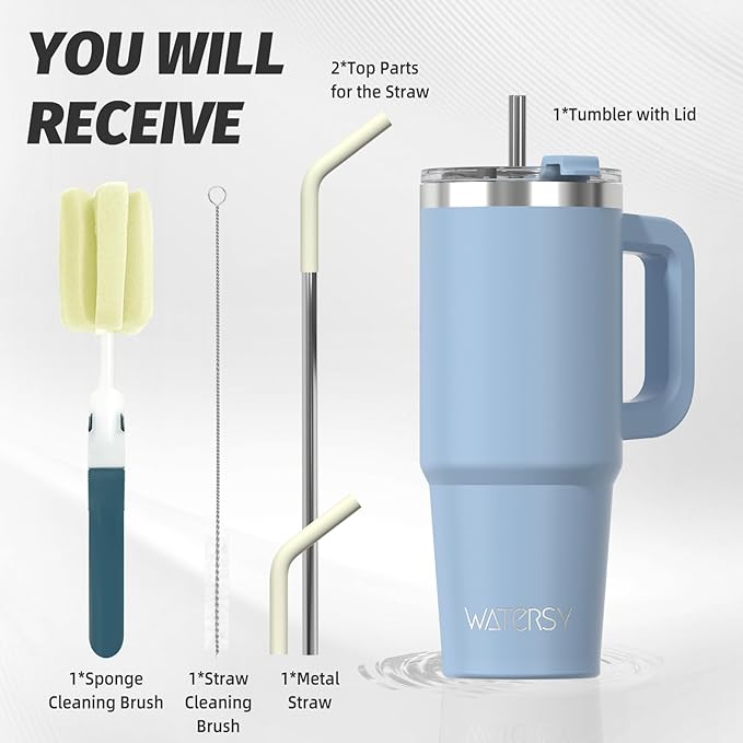 30 oz Tumbler with Handle,Tumbler with Lid and Straw,Double Wall Insulated Cup Stainless Steel Travel Mug(Cold for 34 Hours),Water Bottle for Iced Tea,Coffee,Cold Beverages(Smog Blue)