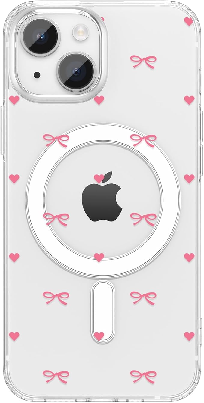 ZTOFERA for iPhone 13/14 Magnetic Case Clear,Cute Love Heart Ribbon Bow Tie Aesthetic Phone Case,Transparent Trendy Slim Soft Shockproof Protective Phone Cover for Women Girls,Rose Pink