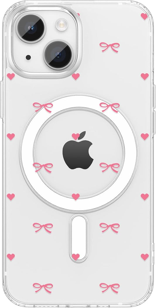 ZTOFERA for iPhone 13/14 Magnetic Case Clear,Cute Love Heart Ribbon Bow Tie Aesthetic Phone Case,Transparent Trendy Slim Soft Shockproof Protective Phone Cover for Women Girls,Rose Pink