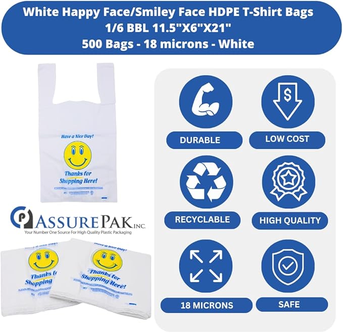 White Happy Face/Smiling Face HDPE T-Shirt Bags - 500 Bags - for Retail, Groceries, Merchandise, Convenience Store, Supermarket, Restaurant - 11.5"x 6"x 21" - 18 microns - White