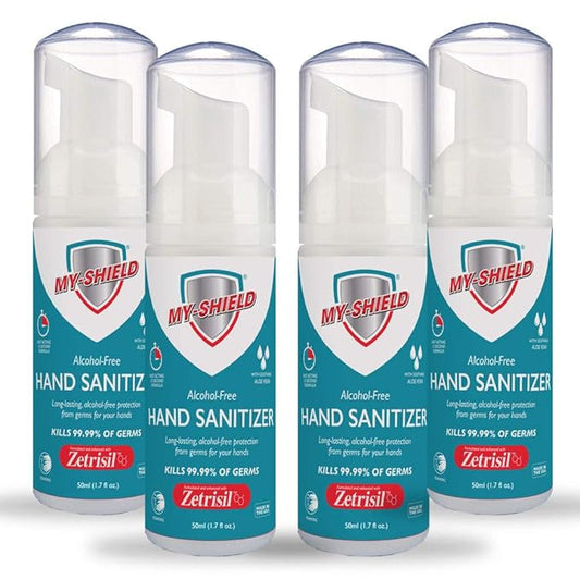 Hand Sanitizer Foam 1.7 oz (4 pack). Long-lasting protection. Softens hands with Aloe Vera. Formulated with Zetrisil. Alcohol FREE. FDA Registered