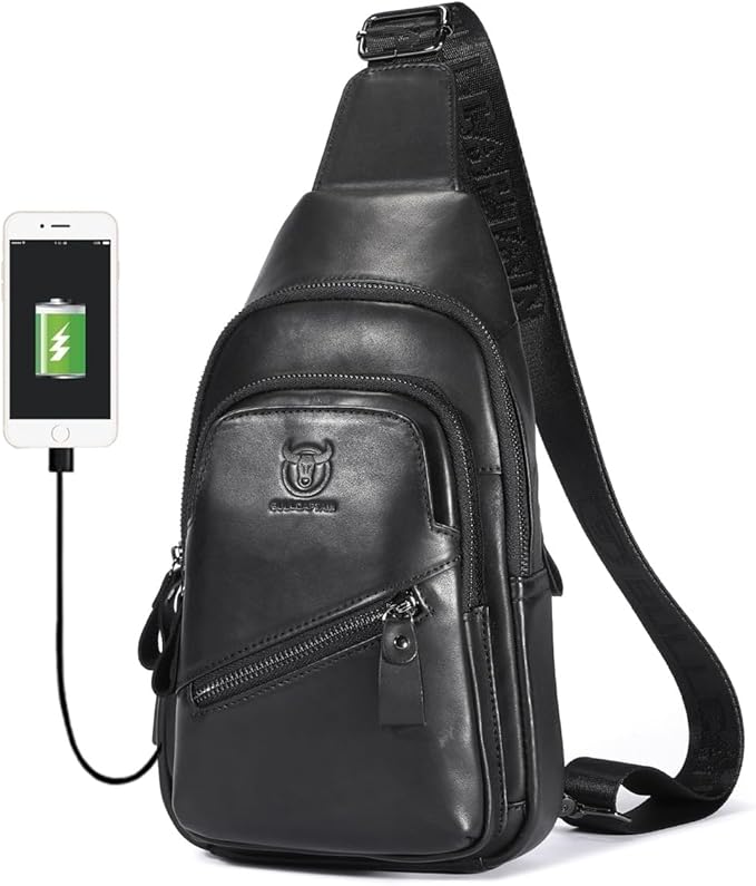 BULLCAPTAIN Leather Sling Chest Bag for Men Outdoor Hiking Travel Crossbody Bag Backpack with USB Charging Port (Black)