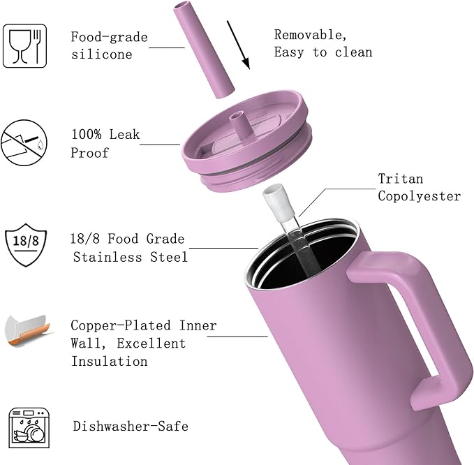 TILUCK 30 oz Tumbler with Handle, Vacuum Insulated Stainless Steel Travel Mug with 100% Leak-Proof Silicone Straw Lid, Cupholder Friendly Water Bottle(Lilac, 30oz)