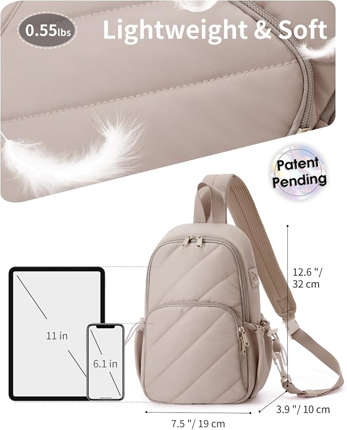 Wandering Nature Sling Bag for Women Lightweight Quilted Crossbody Bag Fits for 11" Tablet with Breathable Back Panel Anti Theft Pocket Padded Strap USB Charge Port, Ideal for Travel, Daily Use