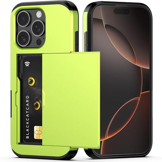 Nvollnoe Compatible with iPhone 16 Pro Case with Card Holder Dual Layer Heavy Duty Protective Shockproof Hidden Card Slot Slim Wallet Phone Cover for iPhone 16 Pro for Women&Men(Fluorescent Green)