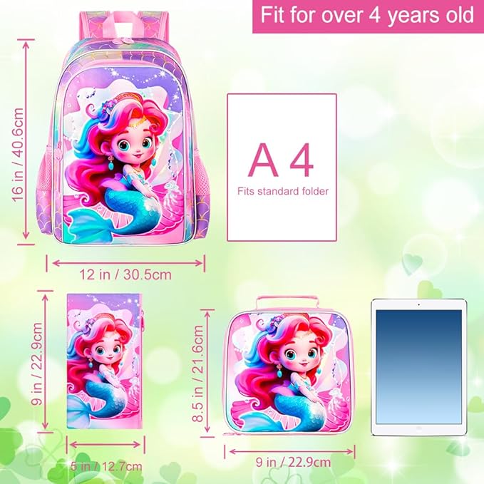 3Pcs Mermaid Backpack for Girls, 16" Kids Bookbag for Elementary Preschool Kindergarten, School Backpacks with Lunch Box(Pink)