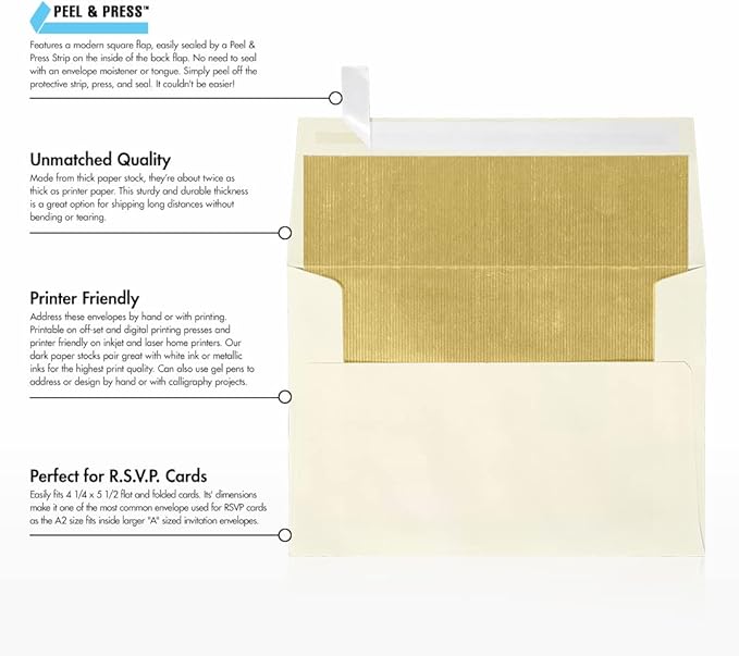 LUXPaper A2 Foil Lined Invitation Envelopes | Peel & Press | 4 3/8" x 5 3/4" | Natural w/Gold LUX Lining | 70lb. Text | 50 Qty
