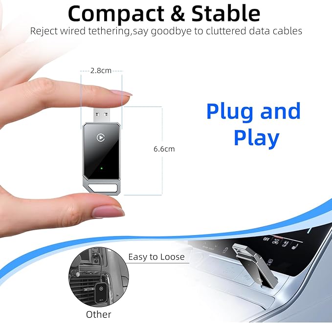 Wireless Carplay Adapter for iPhone, Converts Wired to Wireless Bluetooth, Plug and Play&No Delay, Mini Carplay with USB & USB C, Compatible with iPhone 6 or above/iOS10+ & Cars from 2016, Dark Gray