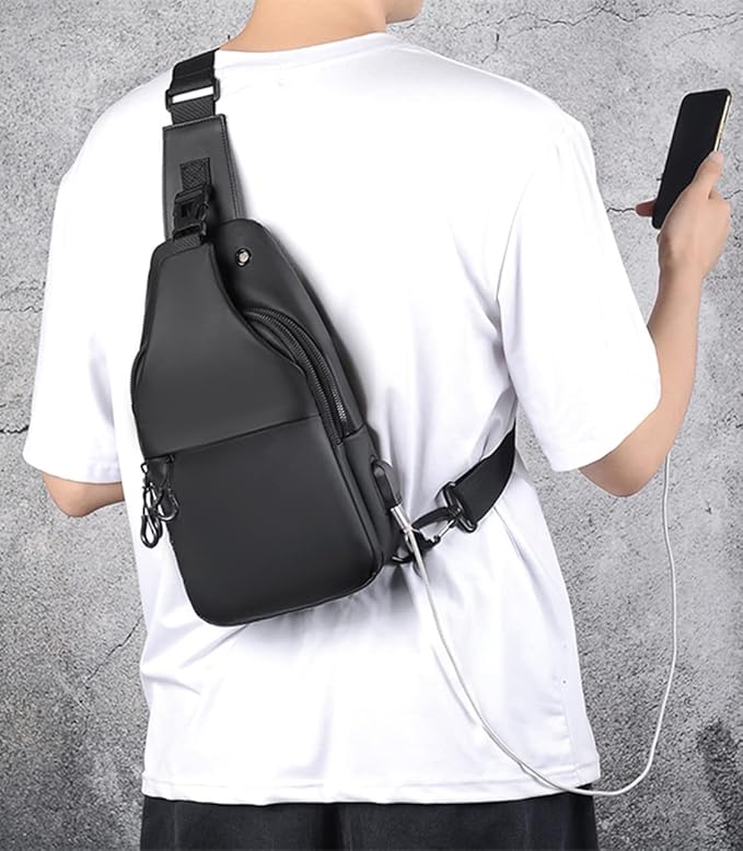 Waterproof Sling Bags Mens Shoulder Crossbody Backpack with USB Charging Port& Headphone,Outdoor Lightweight Bag