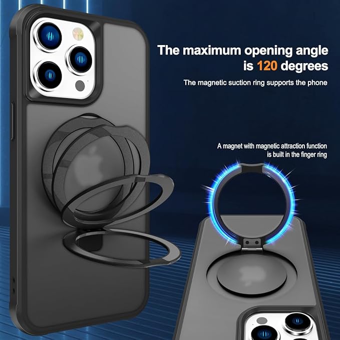 Compatible with iPhone 14 Pro Max Case with Invisible Magnetic O-Ring Stand Military-Grade Translucent Case for iPhone 14 ProMax 6.7" [Compatible with Mag-Safe][Great Grip Feeling], Black