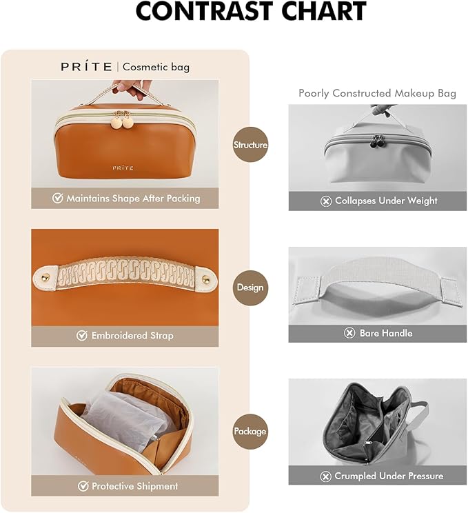Prite Makeup Bag for Women Travel Waterproof Vegan Leather Cosmetic Bag Open Flat Toiletry Bag With Clear Divider and Handle (Brown)