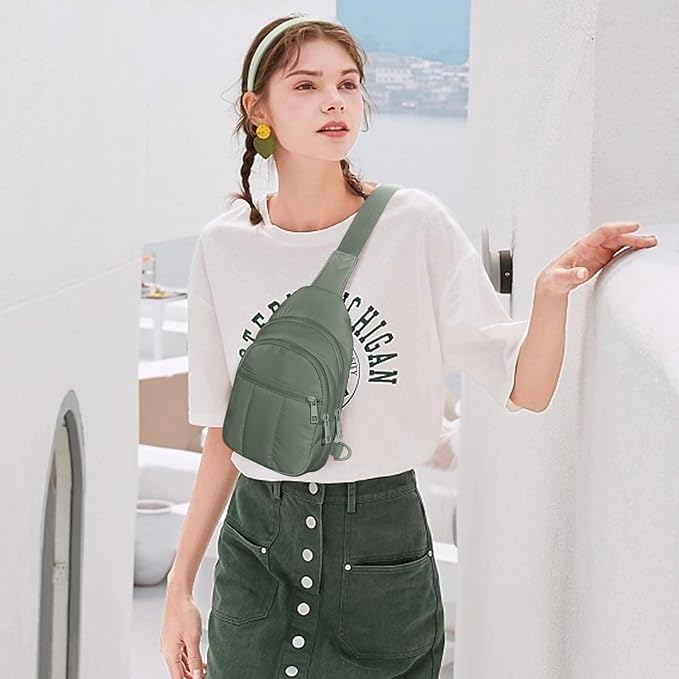 Quilted Puffer Crossbody Bags for Women Small Puffy Sling Bag Lightweight Cross Body Bubble Purse Shoulder Bag for Travel (Bean Green)