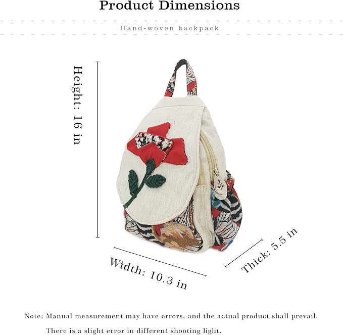 HUANGGUOSHU Women Cotton Woven Bohemian Hemp Boho Canvas Embroidery Multi Pocket Retro Cute Backpack Wallet Backpack（Yutu Moon）