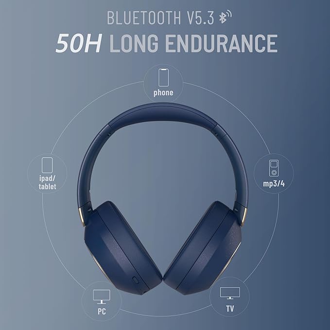 LORELEI B-C6 Wireless Over Ear Headphones, 50H Playtime Foldable Lightweight Bluetooth Headsets, Deep Bass, Built-in Microphone, Memory Foam Earmuff, for Travel, Home Office (Navy Blue)
