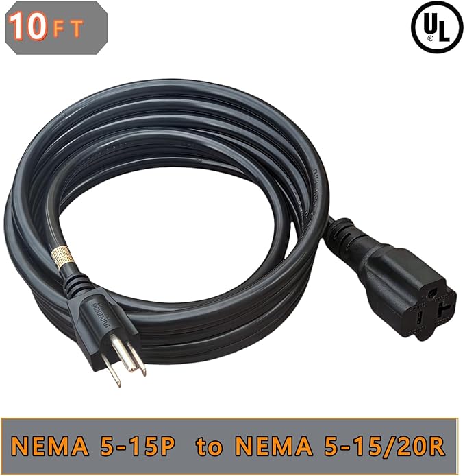 10-Feet 15 Amp Household AC Plug to 20 Amp T Blade Adapter Cable，14AWG 10-Foot 15 Amp to 20 Amp Plug Adapter Cord Nema 5-15P to 5-15R/5-20R 20Amp Comb AC Power Cord, Black