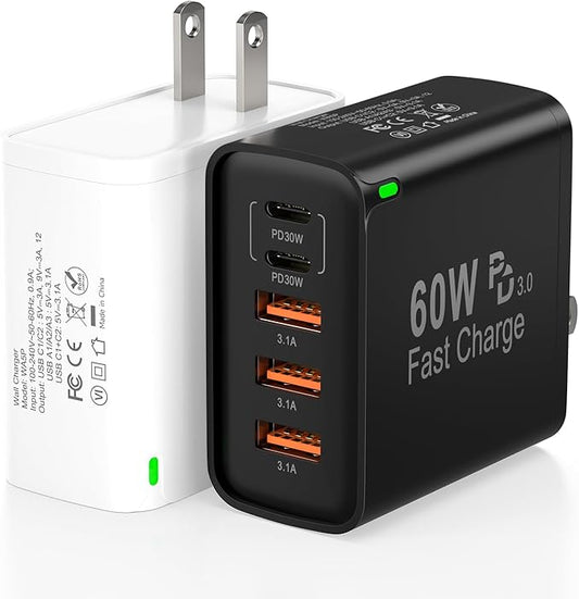 2Pack USB C Fast Charger Block, 60W 5-Port USB C Wall Charger 30W Type C Charging Block, 2USB C+3USB A PPS/PD 3.0 Multiport Charging Cube for iPhone 17 16 15 14 Pro Max,for Galaxy S25 S24 Ultra, i Pad