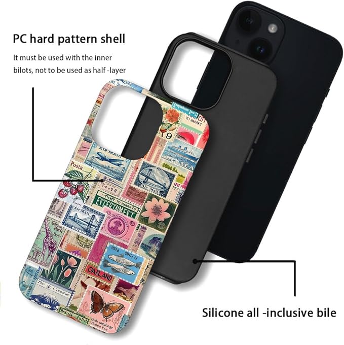 DAIZAG Case Compatible with iPhone 15,Fit Shockproof Cover for Women Girls,Retro Stamp Collage