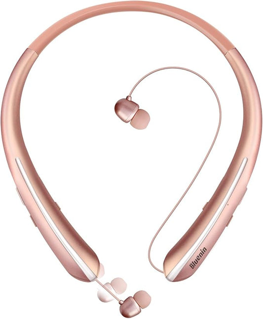 Neckband Bluetooth Headphones, Bluetooth 5.4 Wireless Headphone with Retractable Earbud,CVC8.0 Noise Cancelling, 15Hrs Playtime, IPX5 Waterproof Around The Neck Headphones for Sport (Rose Gold 2025)