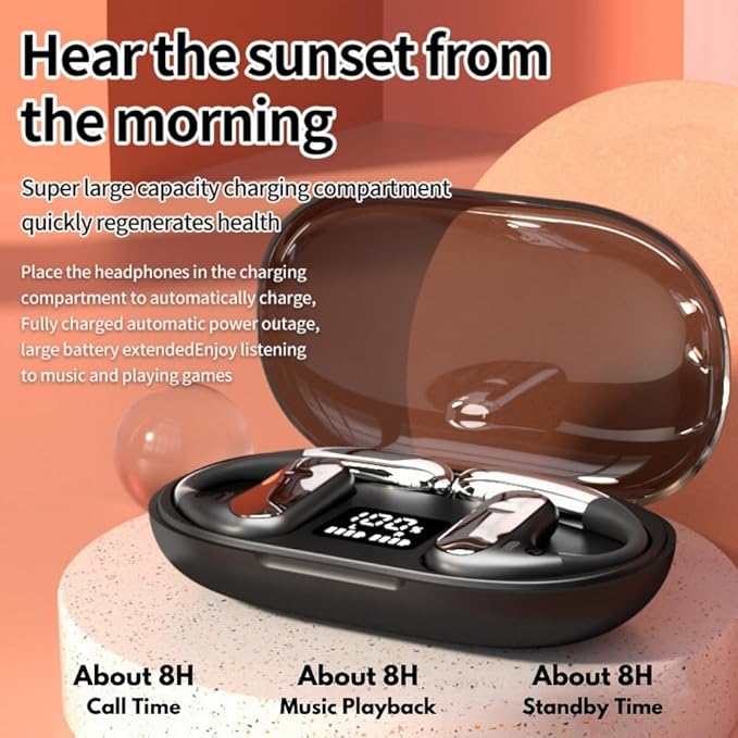 Open Ear Headphones Wireless Bluetooth 5.3 Earphones for Snug Fit, Ergonomic Ear Hook, Clear Calls, Wireless Earbuds, Digital Display Charging Case 40H Playtime Black