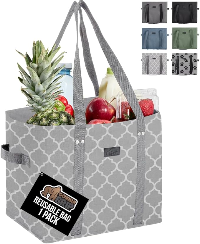 GORILLA GRIP Heavy Duty Foldable Reusable Grocery Bags, Tear Resistant Box Shape Shopping Tote with Reinforced Handles, Grip Feet, Easily Carry and Transport Groceries, 13x10x11, 1 PK, Quatrefoil Gray