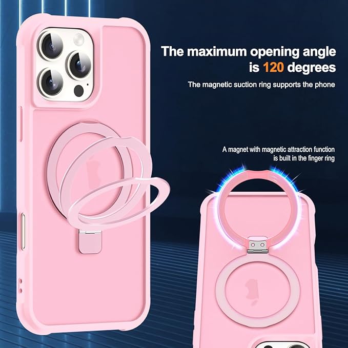 Compatible with iPhone 16 Pro Max Case with Invisible Magnetic O-Ring Stand Military-Grade Translucent Case for iPhone 16 ProMax 6.9" [Compatible with Mag-Safe][Great Grip Feeling], Pink