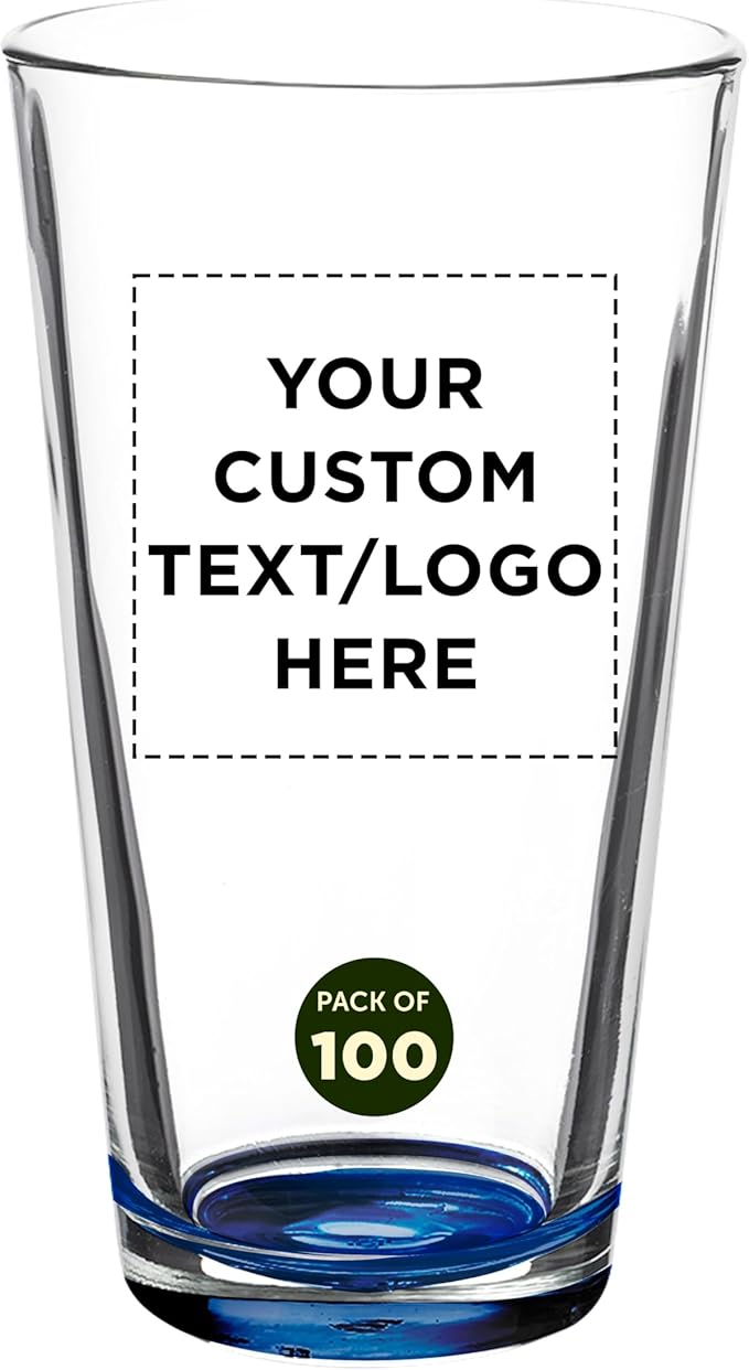 Custom Casale Pint Glass 16 oz. Set of 100, Personalized Bulk Pack - Beer Glasses, Heavy Duty Drinkware - Blue