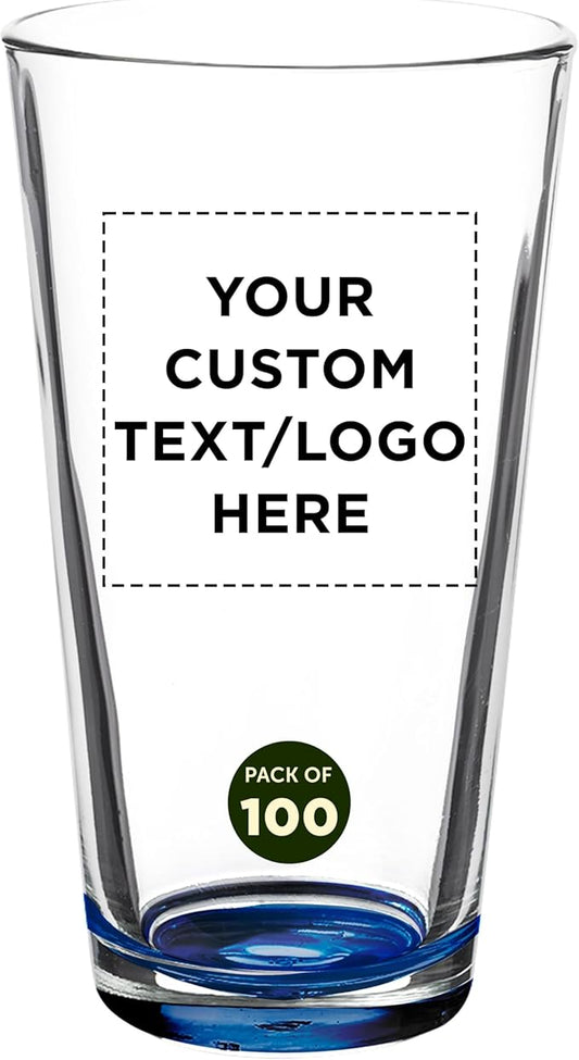 Custom Casale Pint Glass 16 oz. Set of 100, Personalized Bulk Pack - Beer Glasses, Heavy Duty Drinkware - Blue