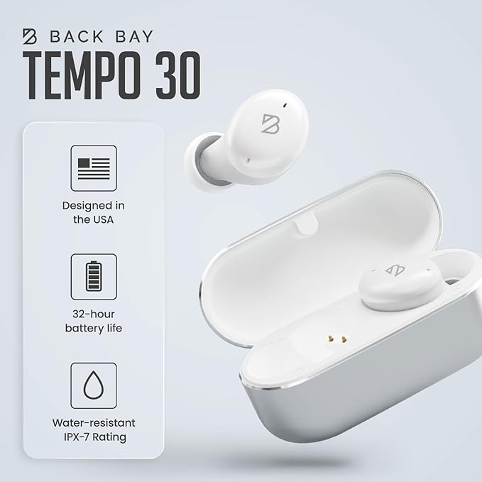 Back Bay Audio Tempo 30 Wireless Earbuds for Small Ears - Award-Winning Sound, Sweatproof Bluetooth Earbuds, Comfortable Ear Buds for Women, White Earphones Small Ear Canals, Long Battery Headphones