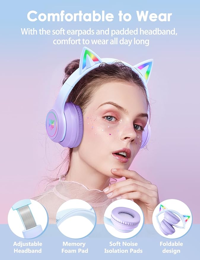 Cat Ear Bluetooth Headphones with Micphone for Kids & Adults, LED Light Up Wireless HI-FI Sound Quality, Over-Ear Headphones with Volume Control for iPhone/iPad/Laptop/PC(55H Play Time)