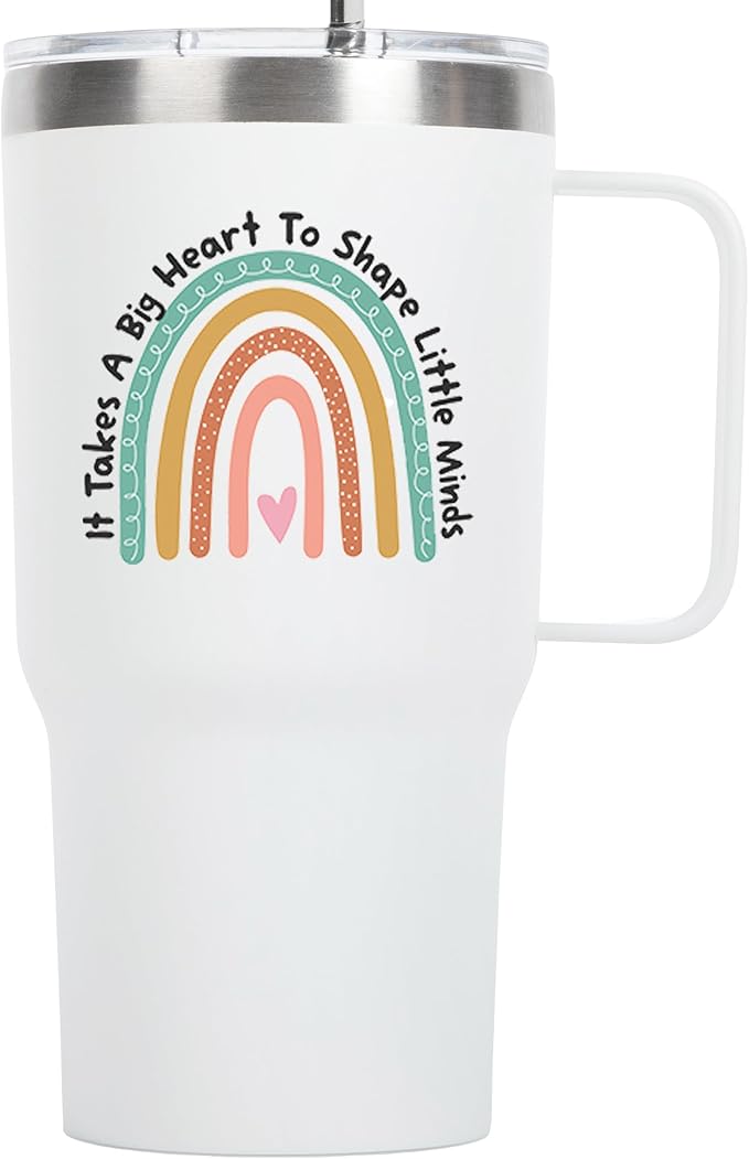 KLUBI It Takes a Big Heart to Shape Little Minds Tumbler With Handle And Straw 20 Ounce Teacher Appreciation Gifts for Women Thank You Gifts for Women Nanny Gift Travel Mug Preschool Teacher Gift