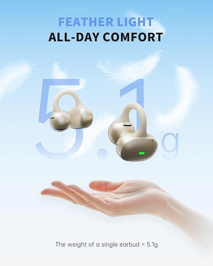 Open Ear Earbuds, Clip-On Earbuds Wireless Bluetooth, Ear Clip Bluetooth Headphones, Lightweight Comfort, Ergonomic Secure Fit for Small Ears, Ultra Open Audio, Waterproof, 40H Playtime
