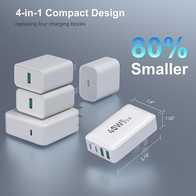 USB C Wall Charger 40W, Excgood 4-Port Flat USB C Charging Block Dual PD+QC Slim Fast Foldable Wall Plug Travel Compatible for iPhone 16 15 Pro Max 14 13 iPad Watch Galaxy S24 Pixel,2Pack Black White