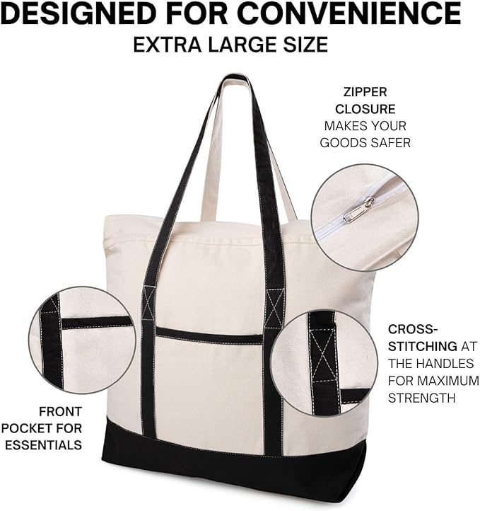 Cotton Canvas Tote Bag with an External Pocket & Top-Zipper Closure For - Gym, Beach, DIY, Work, Travel, Shopping