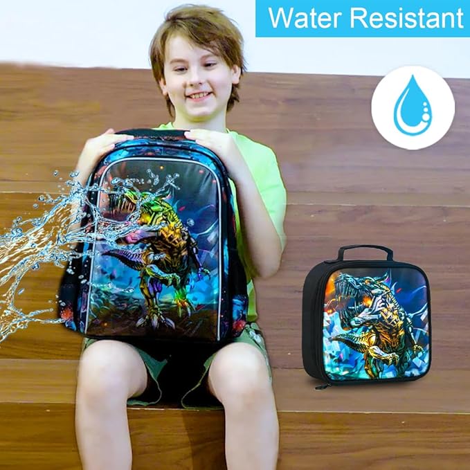 CCJPX 3PCS Kids Backpack for Boys, 16 Inch Dinosaur Water Resistant Preschool Backpacks, Kindergarten School Bookbag with Lunch Box for Toddler Travel